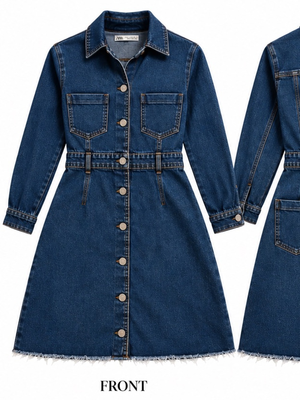 ZARA Dark Blue Denim Long-Sleeve Shirt Dress
